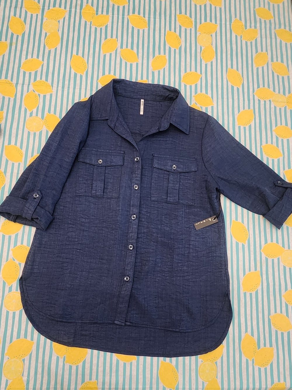 Women Navy Button-Front Utility Shirt - Lightweight 3/4 Sleeve